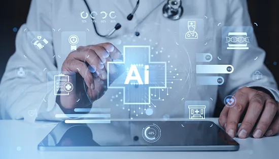 Doctor using a tablet with digital health icons